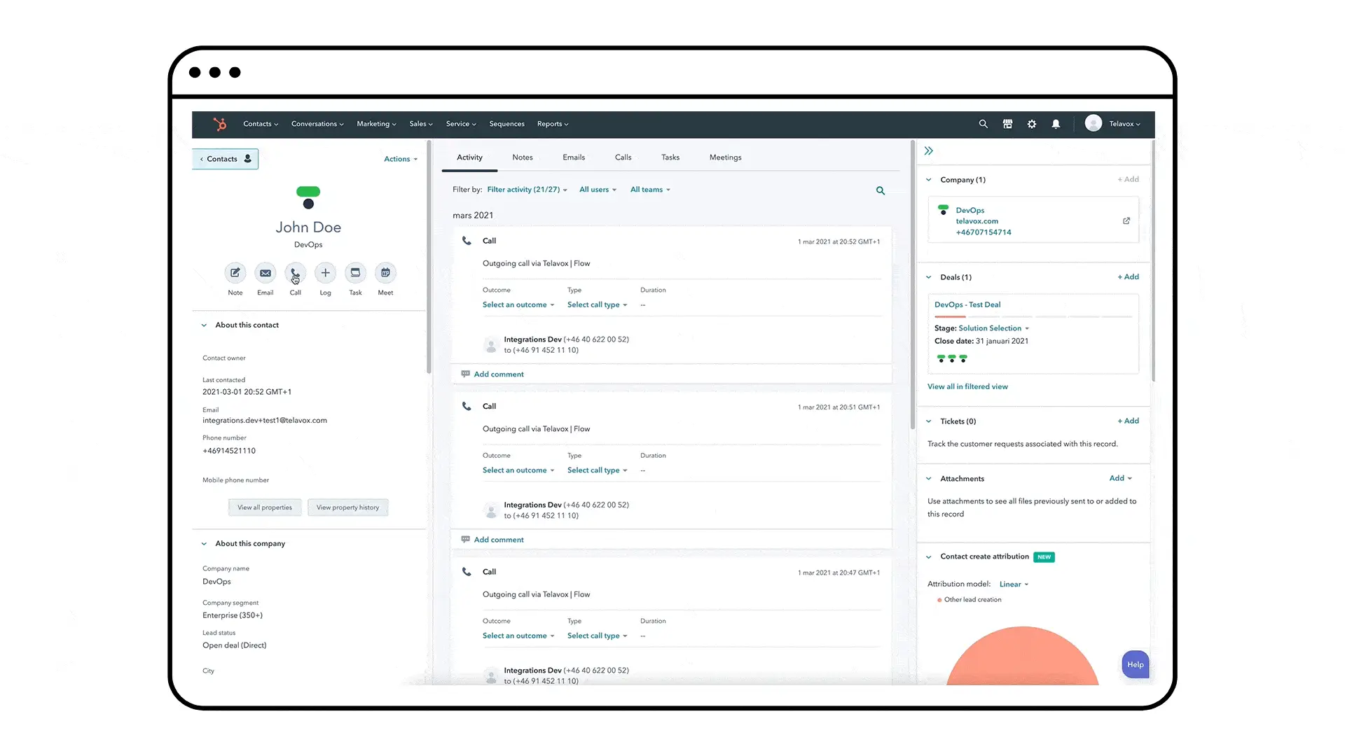 Animering av Telavox integrering med Hubspot